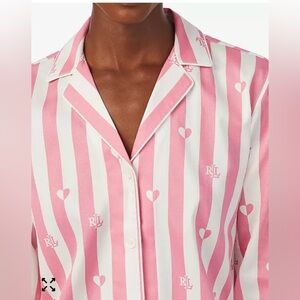 Ralph Lauren Logo Striped Pink Heart Sateen Button Up Sleep Shirt Size L